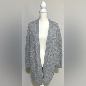 GAP Womens L Solid Gray Long Wool Cable Knit Cardigan Sweater Classic Preppy